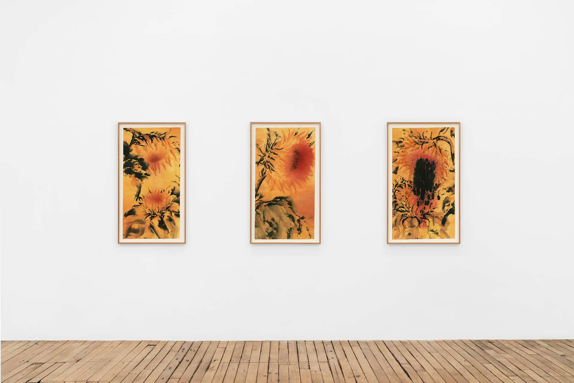 Gallery wall showing three framed sunflower artworks hung horizontally in wooden frames above wooden floor.