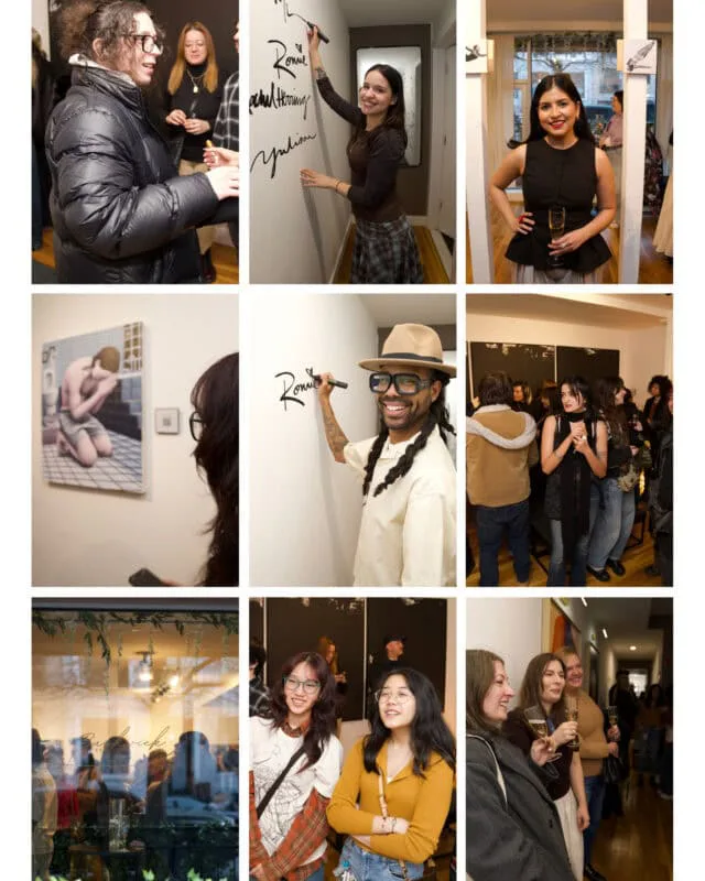 Bushwick Gallery interior with visitors interacting with artworks; mixed-media pieces and photographs displayed on white walls.