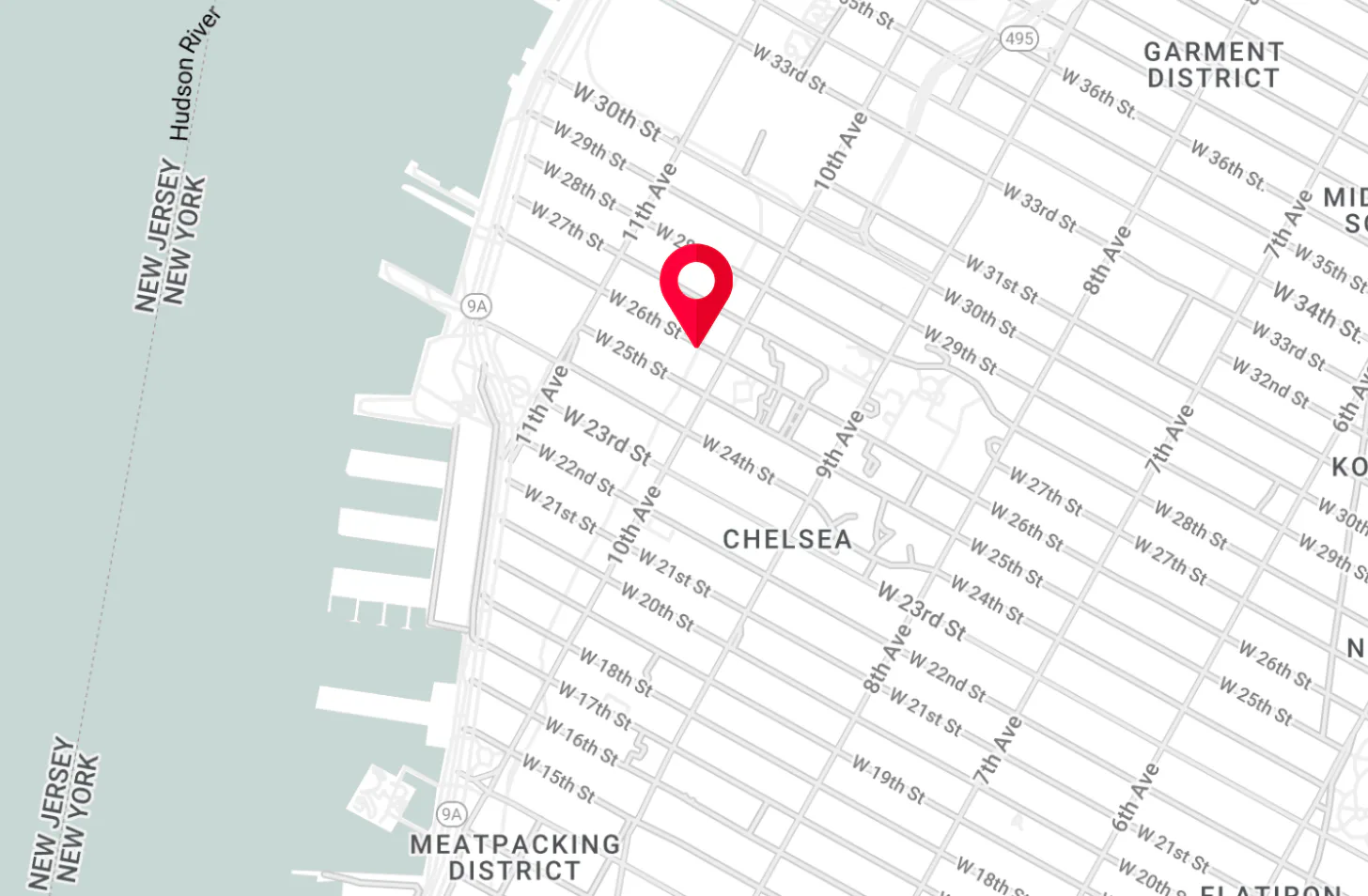 Street map of Chelsea neighborhood in New York City with a red location pin marking Caelum Gallery's address on West 26th Street.