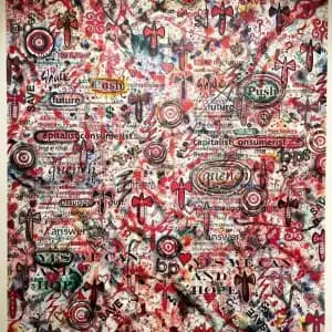 Abstract mixed-media collage with red, white, and black patterned textiles featuring circular motifs, circular overlays, and layered compositional elements.