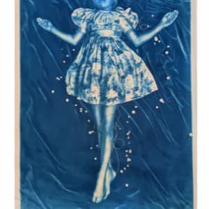 Cyanotype print depicting a figure in a dress with arms raised, surrounded by dotted lines and stars on deep blue background.
