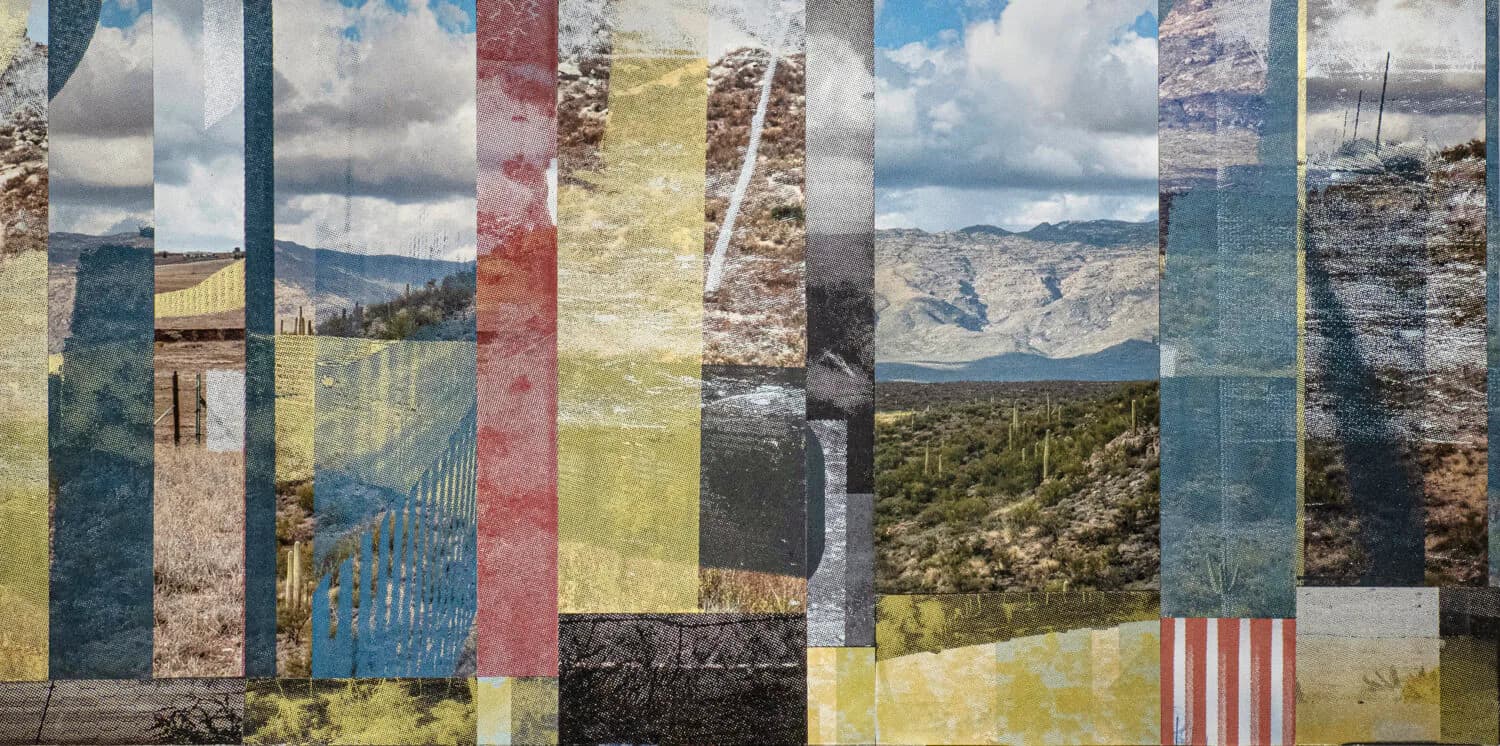 Mixed-media collage featuring vertical strips of landscape photographs, architectural details, and colored paper including red and white stripes; abstract composition layering natural and built environments.
