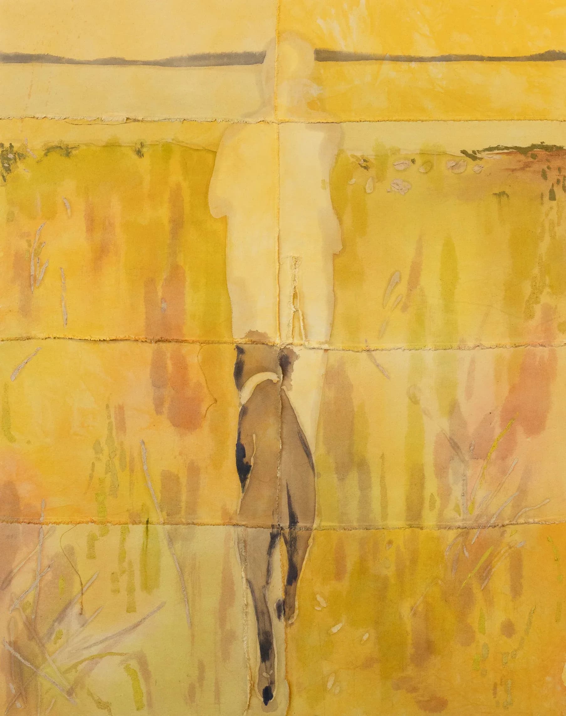 Abstract mixed-media painting with horizontal divisions in shades of yellow, ochre, and cream, featuring a central nude figure rendered in brown tones against the warm background.
