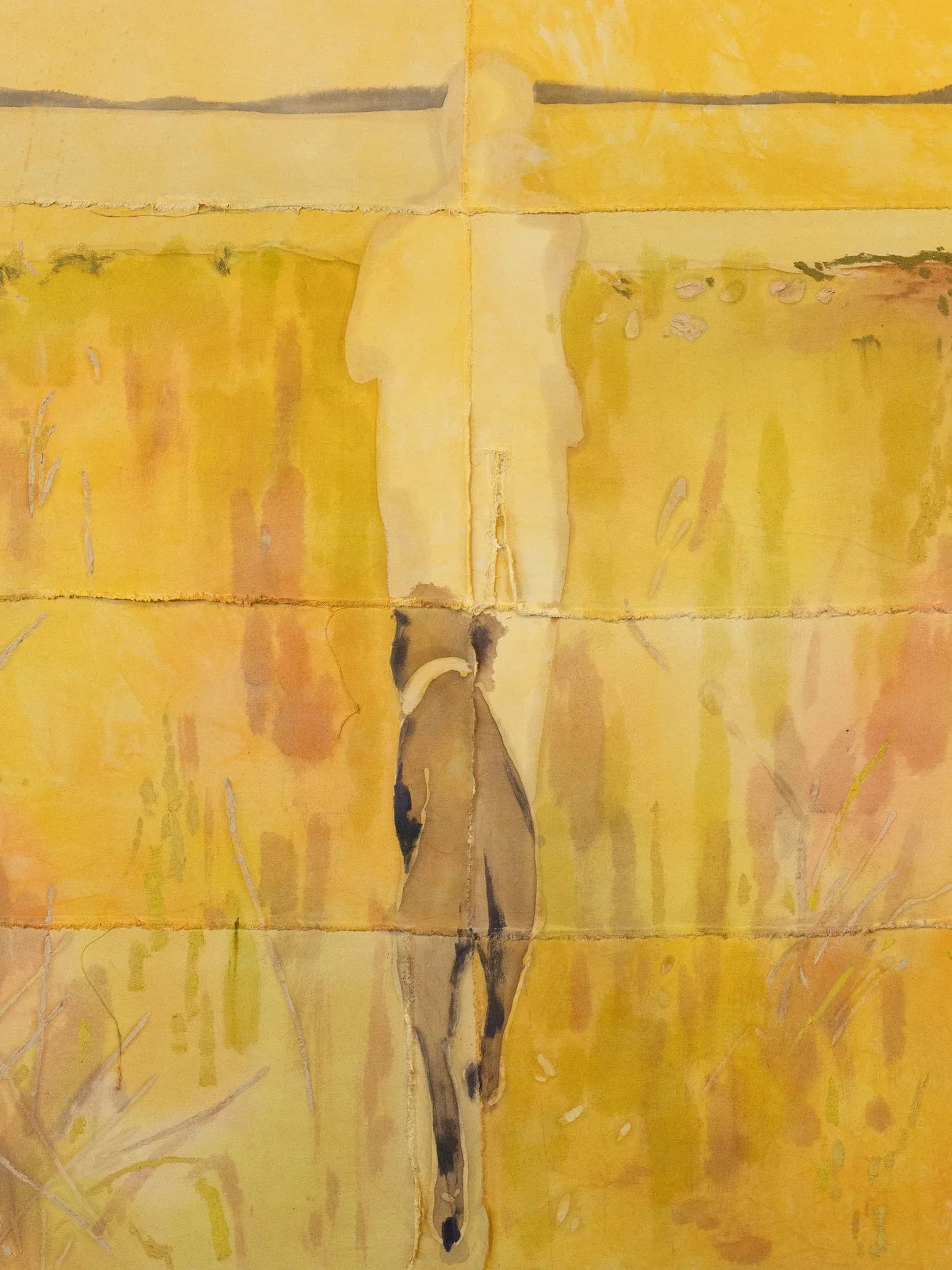 Abstract mixed-media painting with horizontal divisions in shades of yellow, ochre, and cream, featuring a central nude figure rendered in brown tones against the warm background.