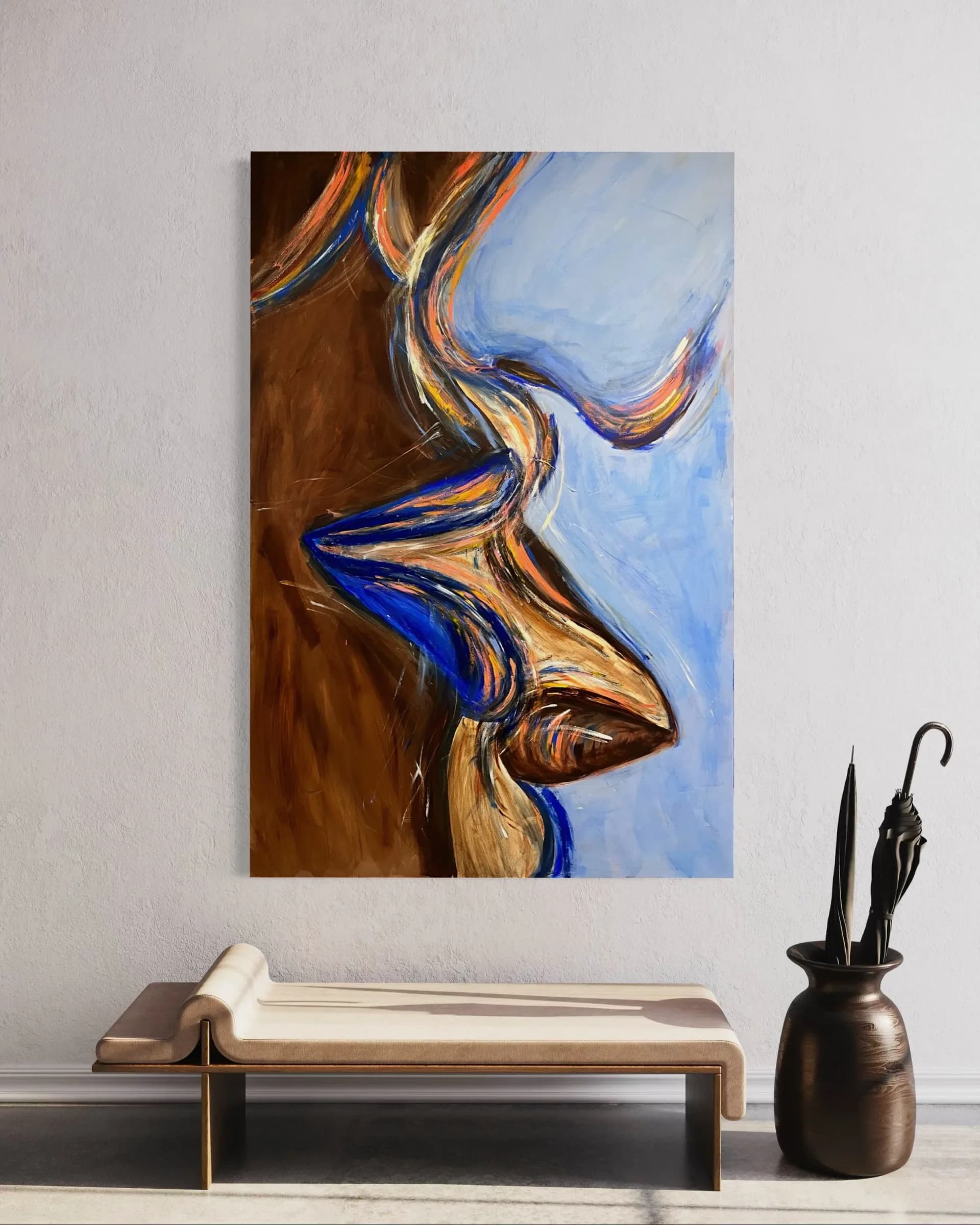 Gallery installation with abstract portrait painting hung above a minimalist wooden bench and dark sculptural umbrella stand.