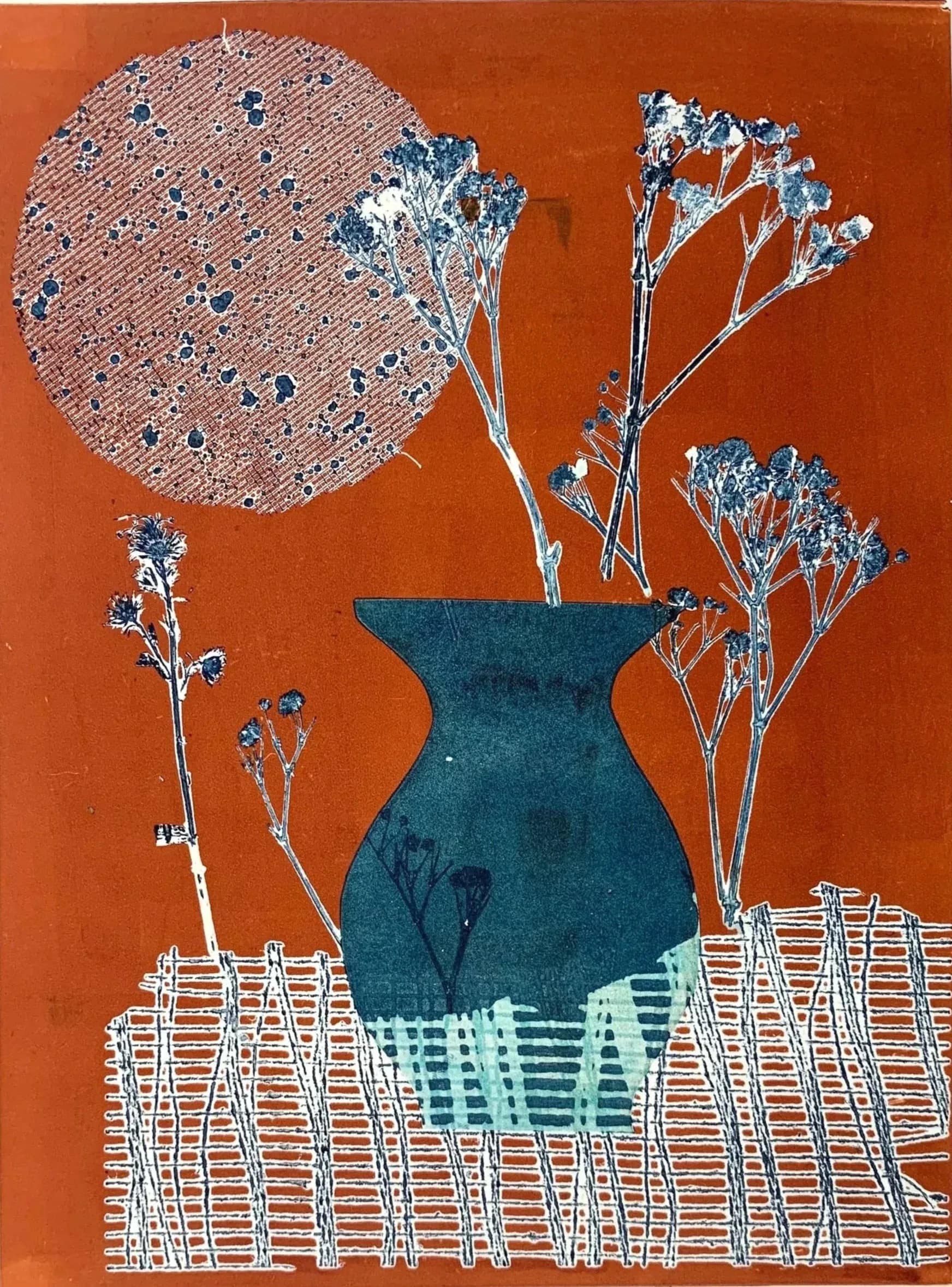 Mixed-media collage on burnt orange background featuring a dark teal vase with delicate white botanical branches, a textured circular form, and woven linear patterns in white and cream.