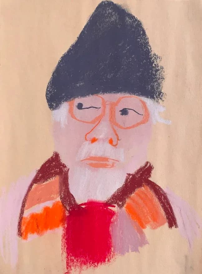 Portrait painting on beige background: figure with black pointed hat, coral-rimmed glasses, white beard, and red garment with orange accents, rendered in mixed media.