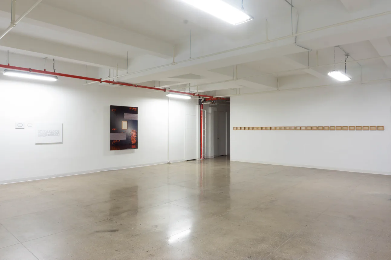 Clean gallery space with white walls, polished concrete floor, fluorescent lighting, red pipes overhead, single dark artwork on far wall.
