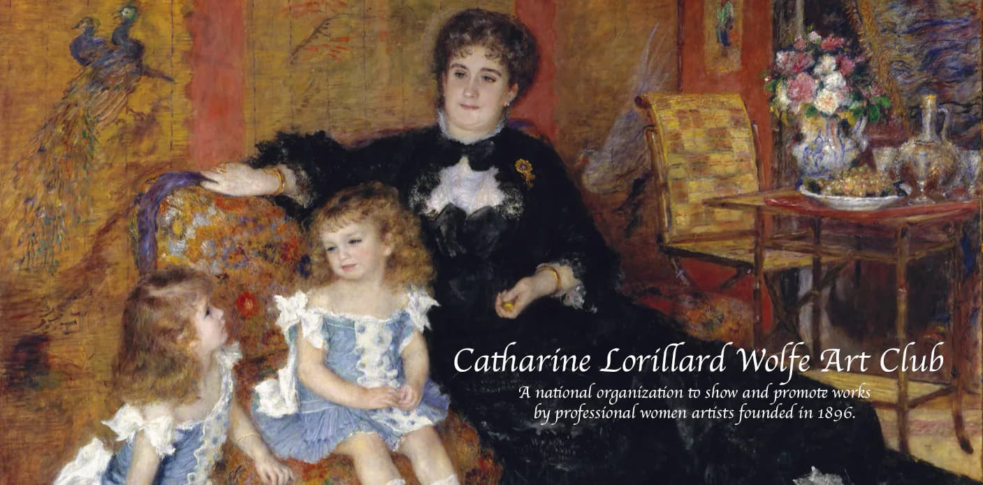 Impressionist painting of an elegantly dressed woman and young girl in a richly decorated interior with gold-toned furnishings and floral arrangements.