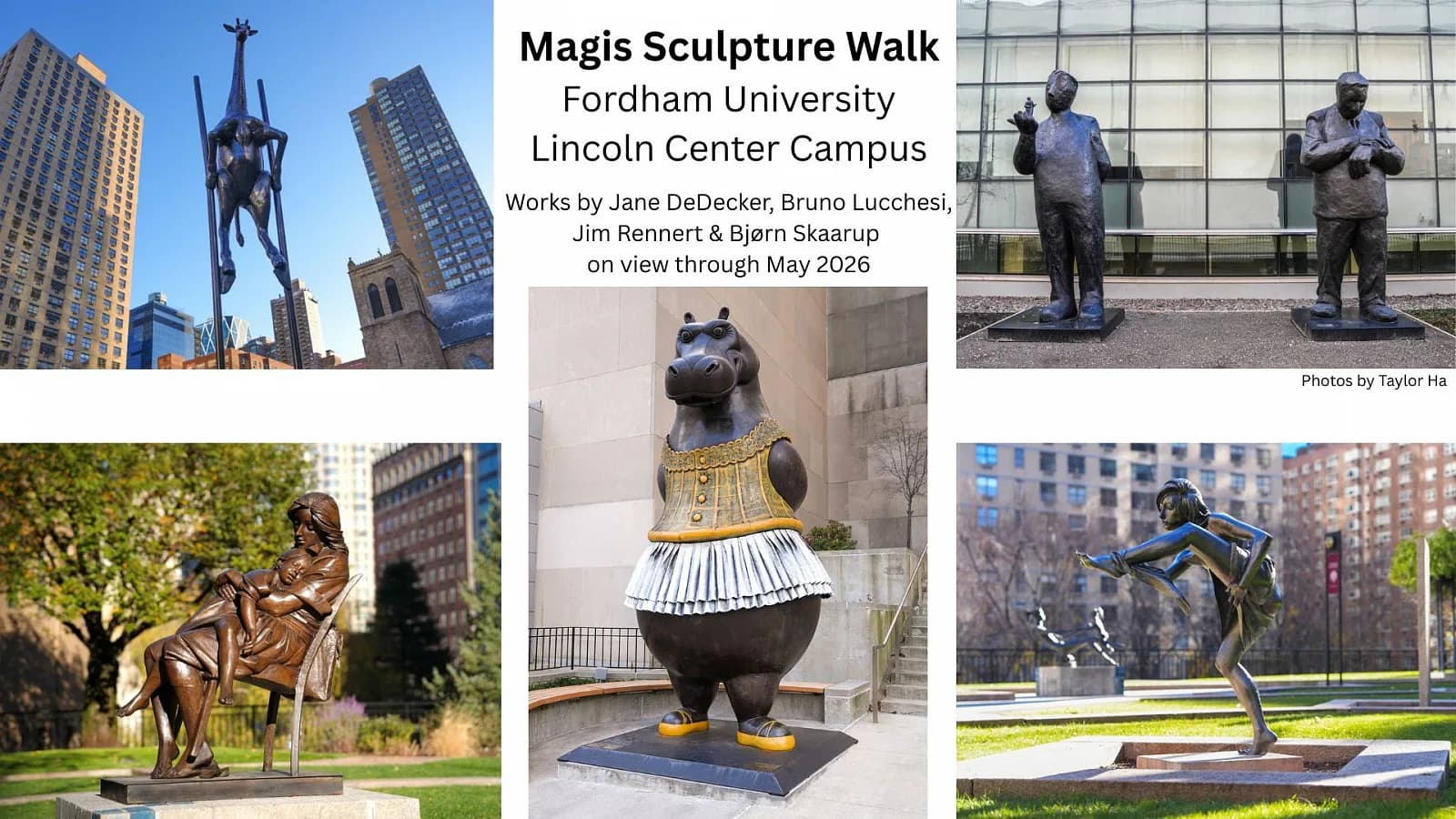 Magis Sculpture Walk promotional composite showing multiple bronze and metal sculptures in urban Fordham University campus settings, on view through May 2026. Works by Jane DeDecker, Bruno Lucchesi, and others.
