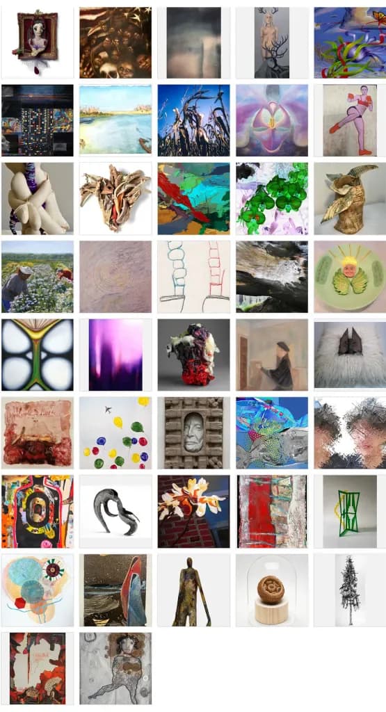 Grid of approximately 50 diverse artworks in mixed media including paintings, sculptures, photographs, and digital works displayed in a gallery collection overview.
