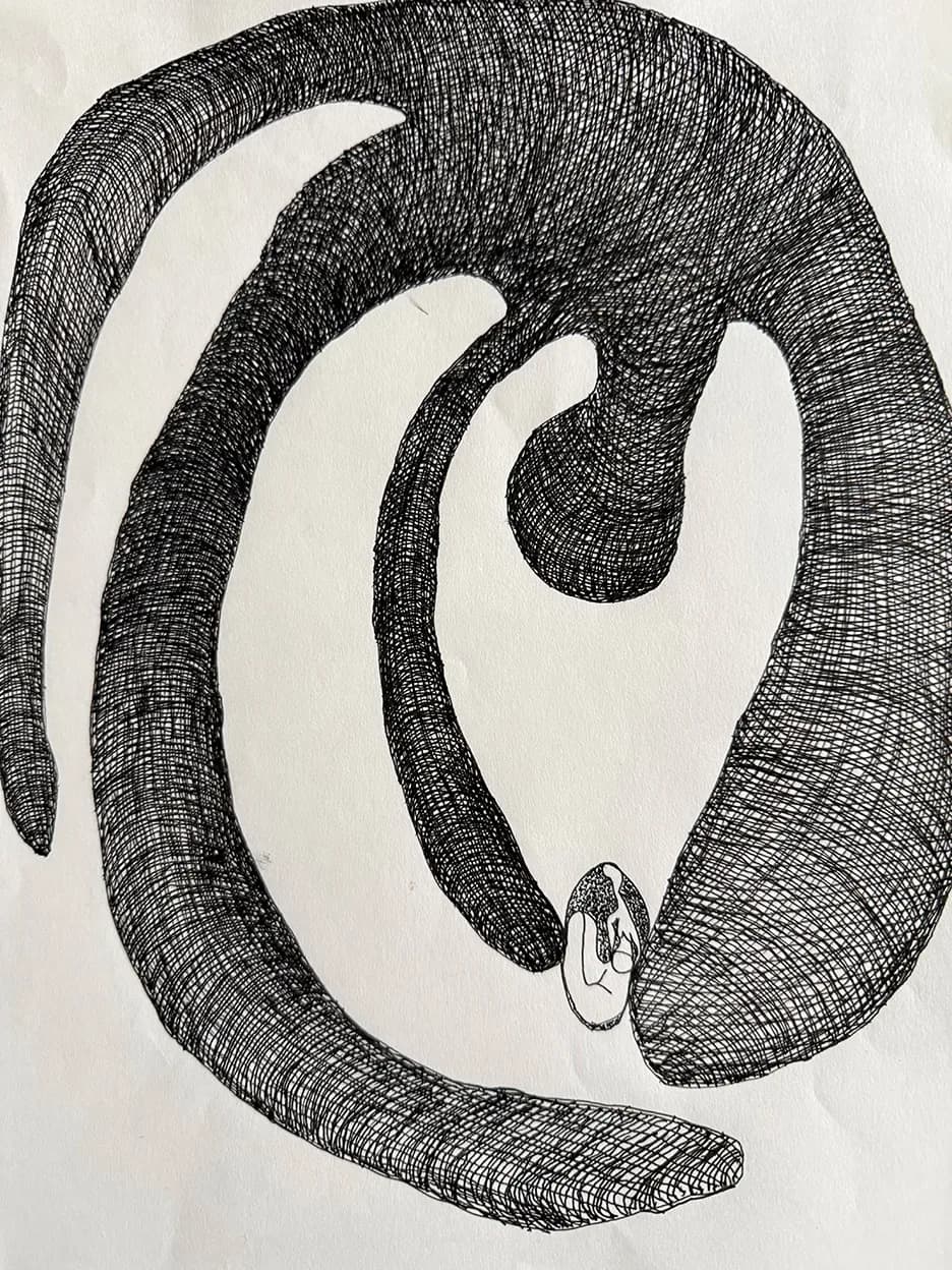 Black-and-white pen or ink drawing of an abstract spiral form with dense crosshatching and a small figure seated at the spiral's base.