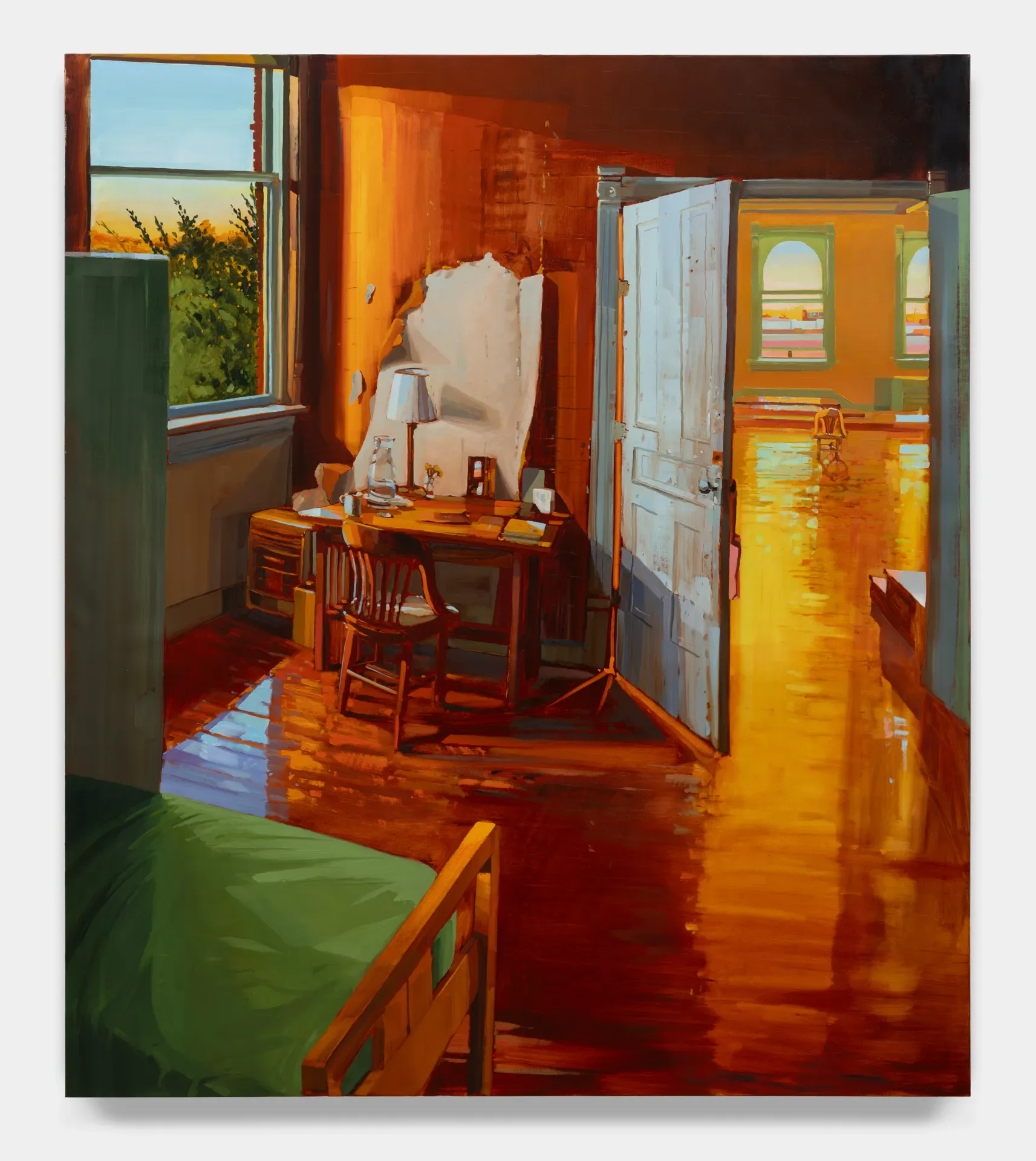 Oil painting depicting warm-toned interior room with open doors, wooden furniture, and golden light reflecting on red floor.