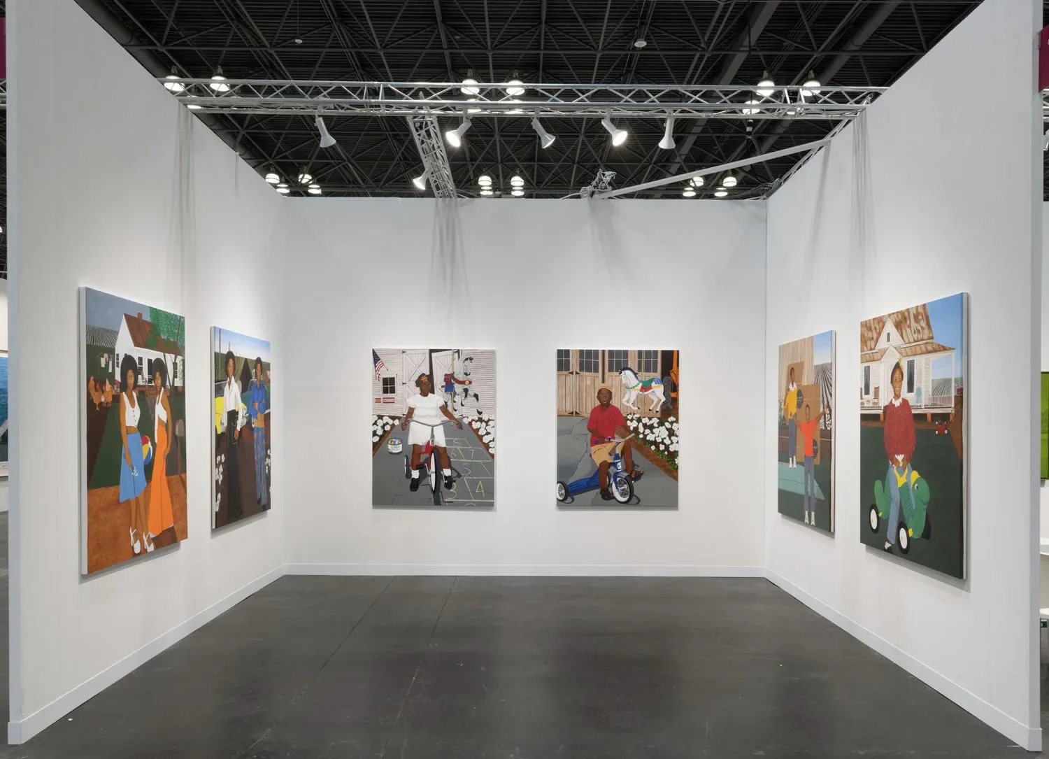 Trade show or gallery booth displaying six colorful figurative paintings on white walls.