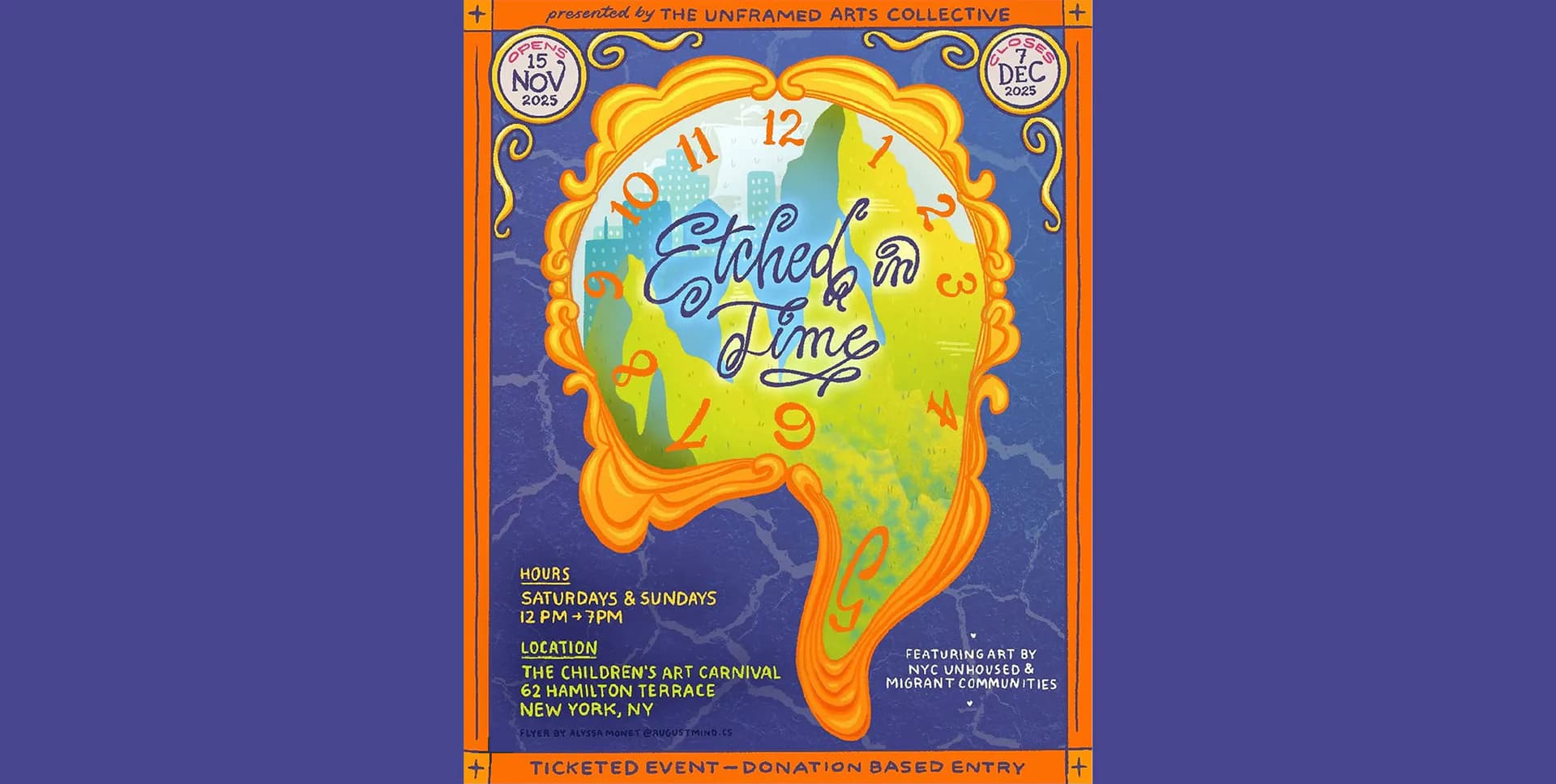 Colorful poster for "School's Out Time" event featuring a large clock face with yellow and green gradient background, orange border, and event details text.
