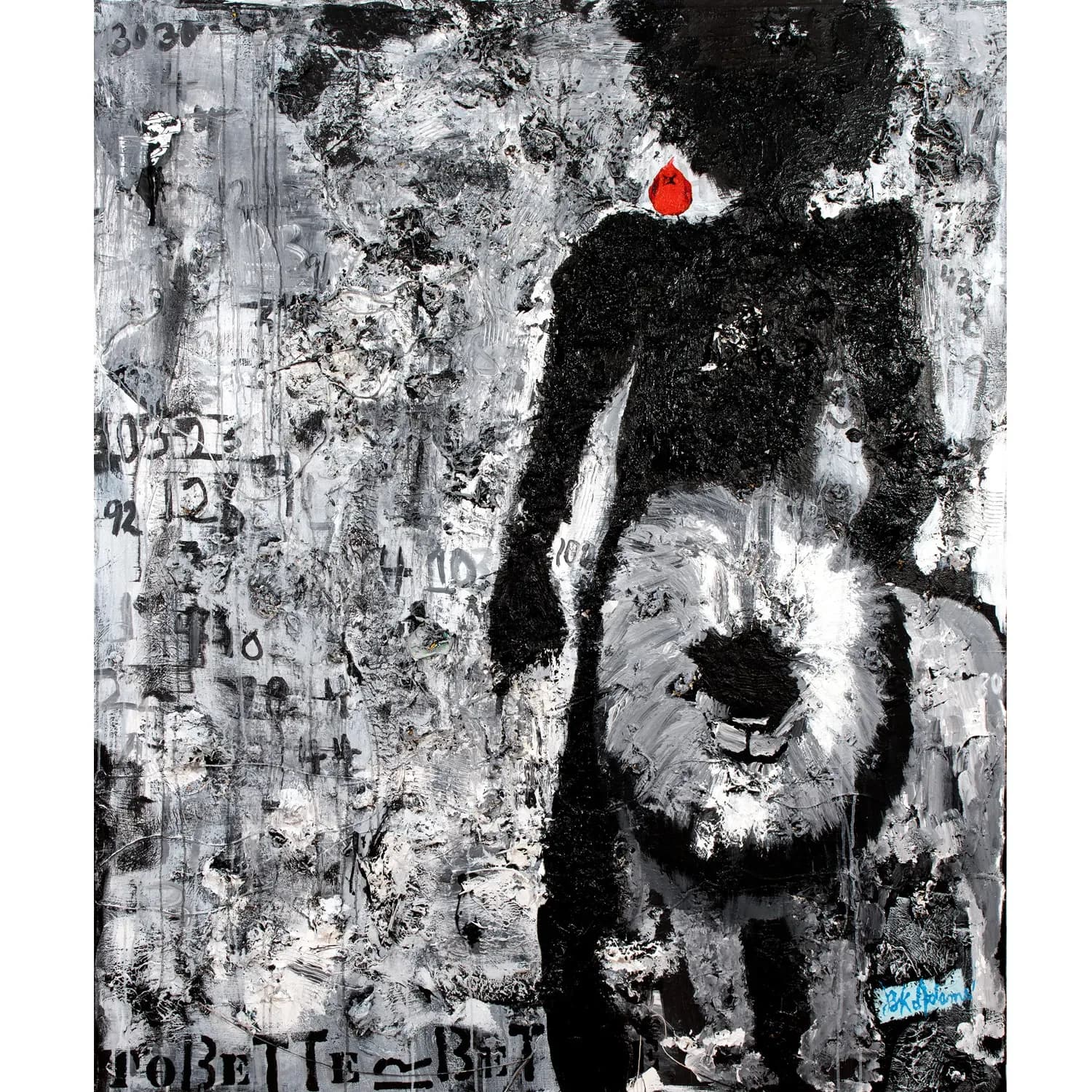 Mixed-media street art featuring a stenciled bear with a red dot on its head, rendered in black and white with weathered texture and text fragments on a grungy wall.