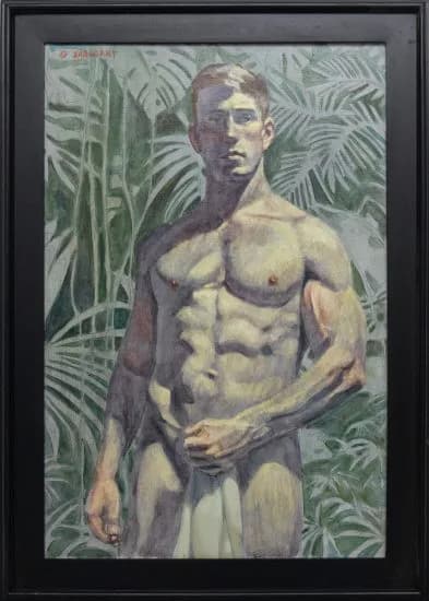 Figurative painting of a shirtless man against green foliage background, rendered in muted earth tones with classical proportions.