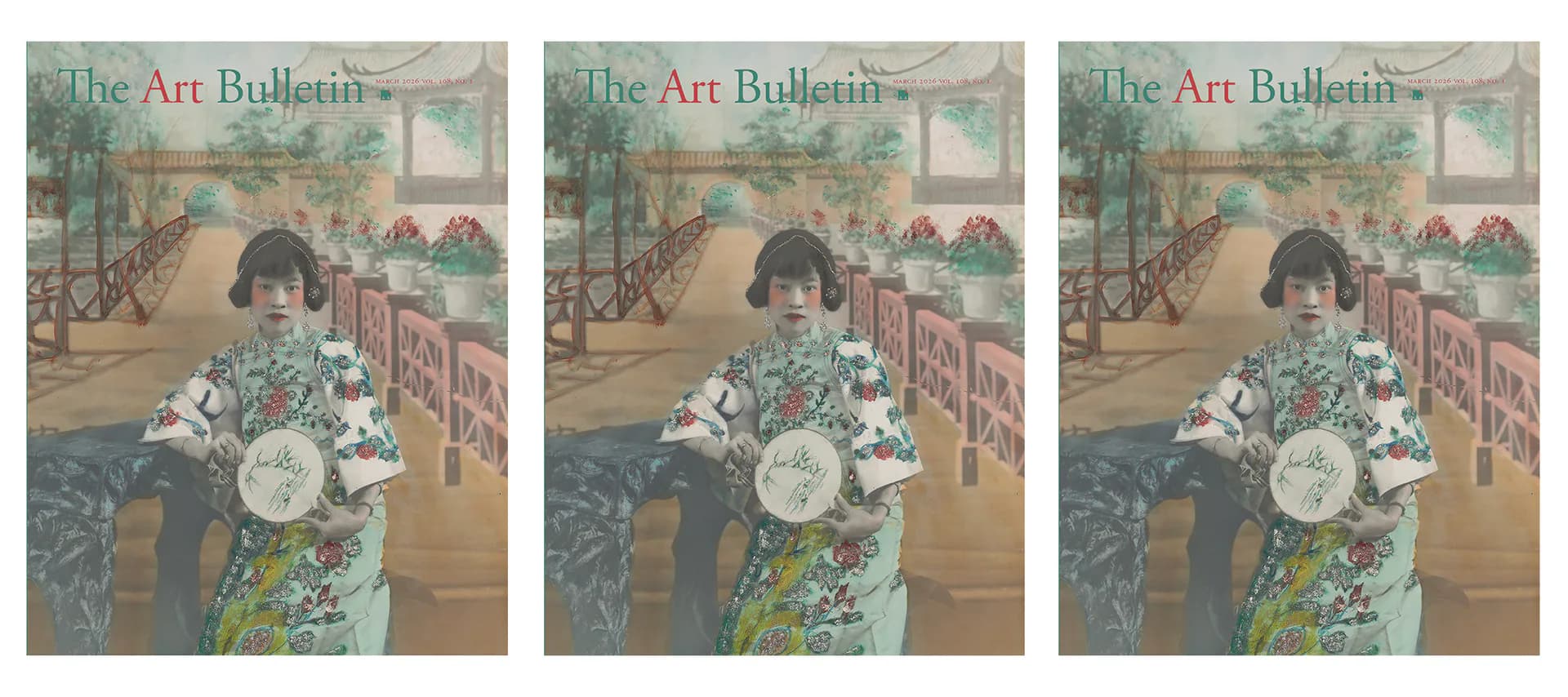 Three identical Art Bulletin magazine covers featuring a figure in traditional dress holding a large circular floral arrangement in an ornate garden setting.