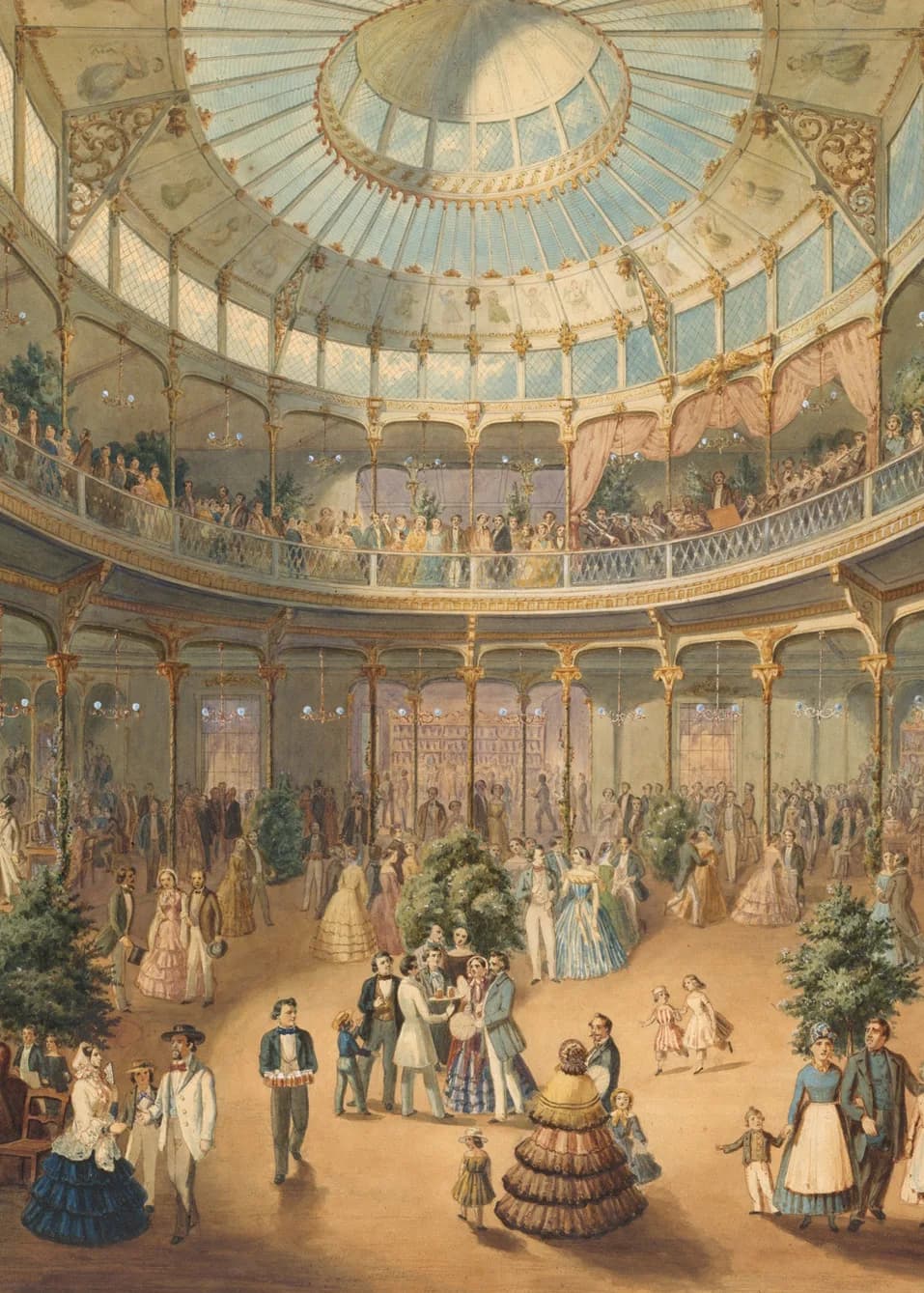 Watercolor illustration of an elegant 19th-century ballroom interior with a domed skylit ceiling, ornate railings, and figures in period dress gathered for a social event.