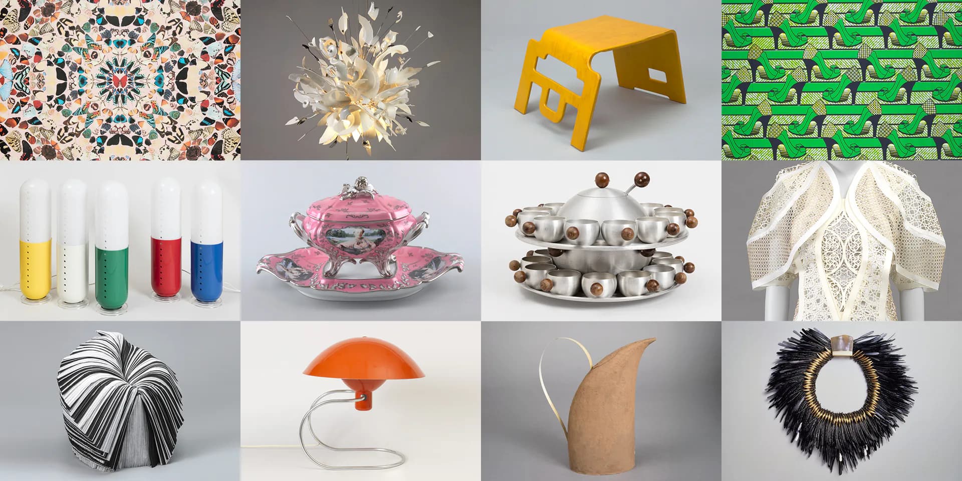 Grid of twelve colorful design objects including patterns, tableware, sculptures, and textiles in various materials and styles.