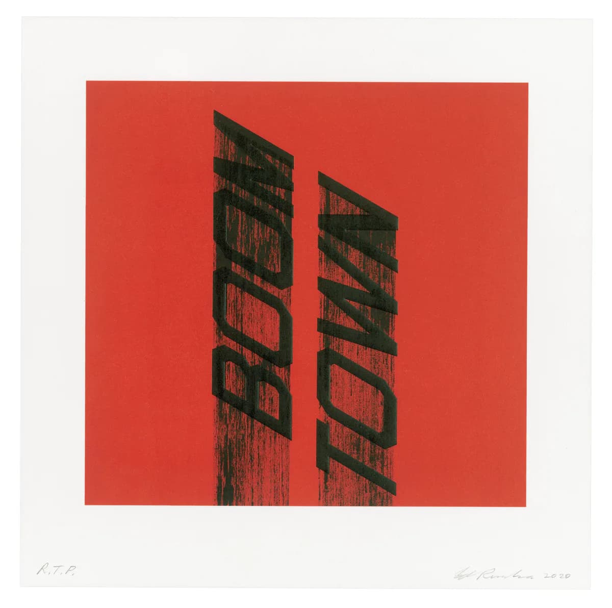 Two vertical neon signs reading 'MOTEL' against a bright red background, rendered in mixed media with a weathered, textured effect.
