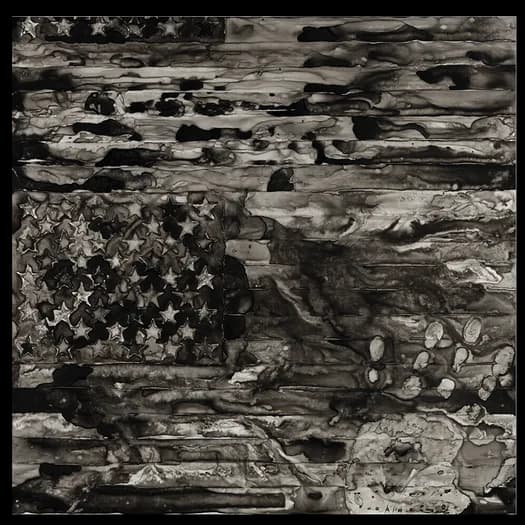 Abstract black and white mixed-media composition featuring textured marks, layered patterns, and gestural marks across divided surface.
