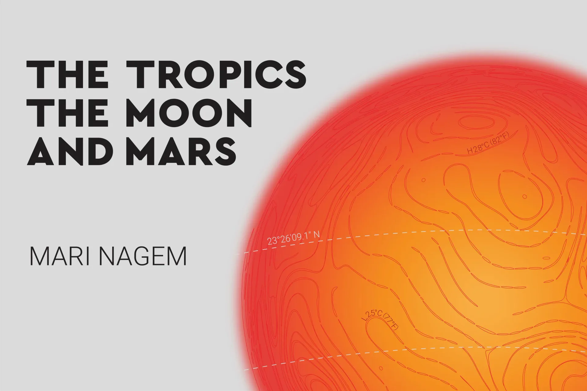 Book cover for "The Tropics The Moon and Mars" by Mari Nagem, featuring a large red and orange gradient sphere against a light gray background.
