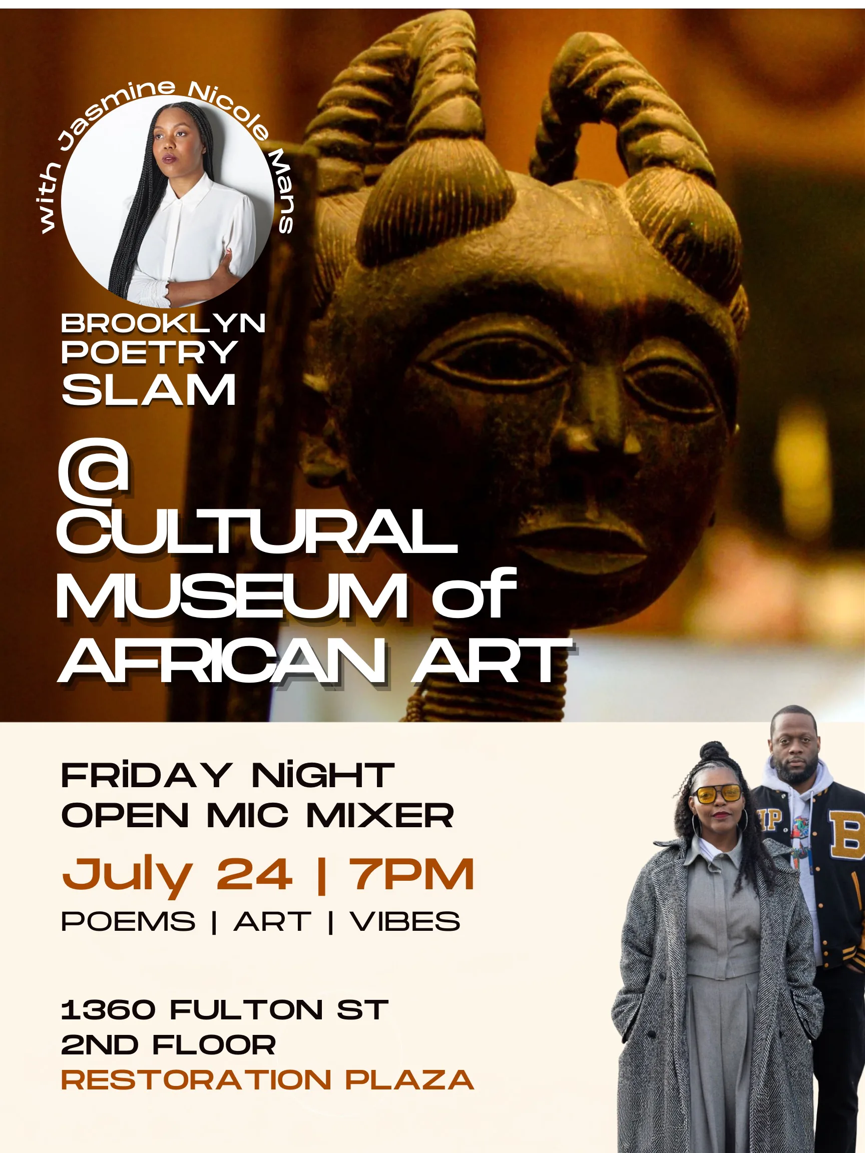Event poster for Brooklyn Poetry Slam at Cultural Museum of African Art featuring a golden African head sculpture and two portrait photos.