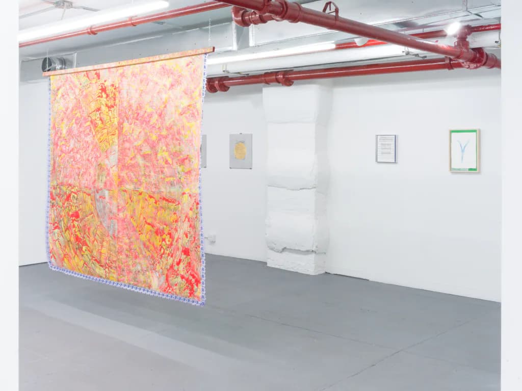 D. D. D. D. gallery space with large vibrant coral and yellow abstract textile or paper installation on left wall, white walls, red ceiling pipes, and small framed works.