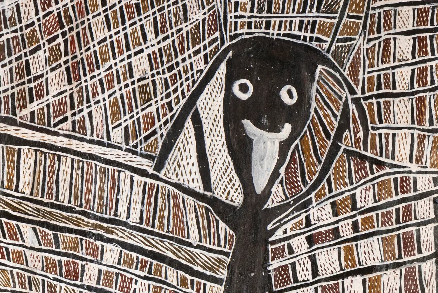 Stylized black figure with white facial features against intricate crosshatched background in black, white, and tan tones.