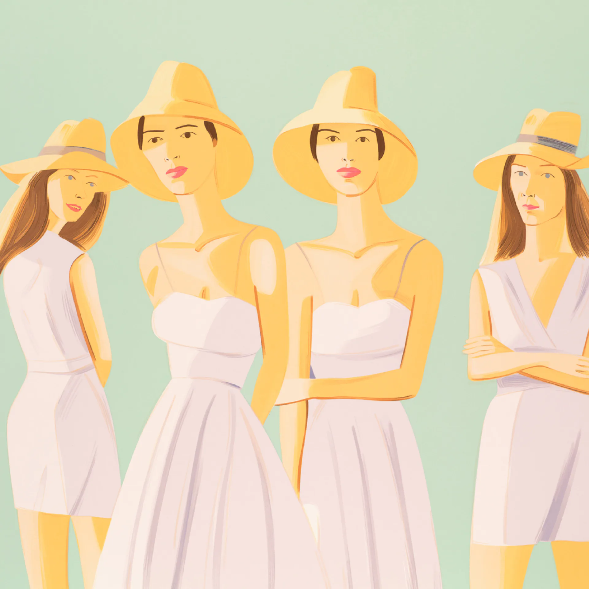 Illustration of four women wearing wide-brimmed yellow hats and light pastel dresses against a soft mint-green background.