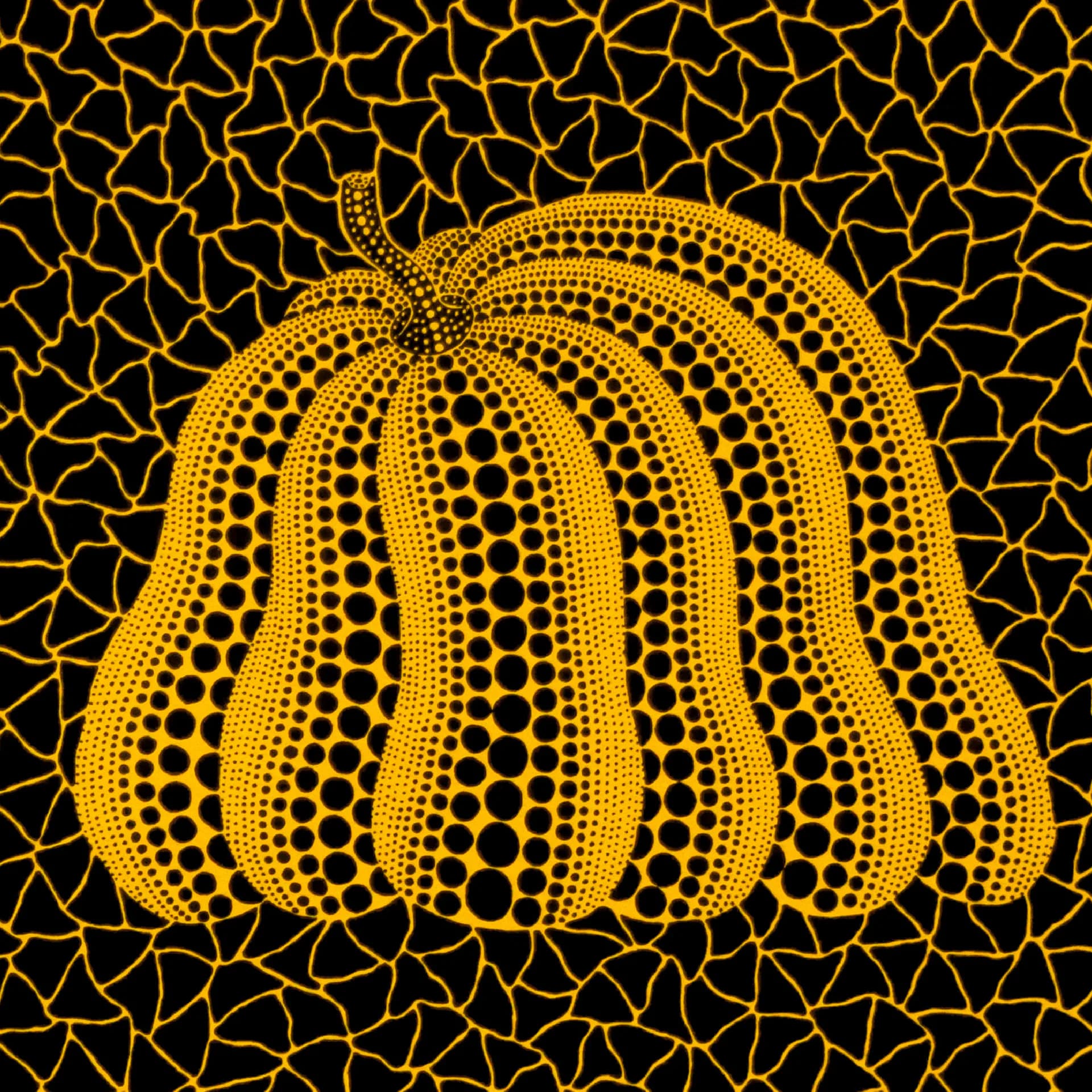 Yellow pumpkin rendered with dotted and linear pattern detail against a black crackled background.