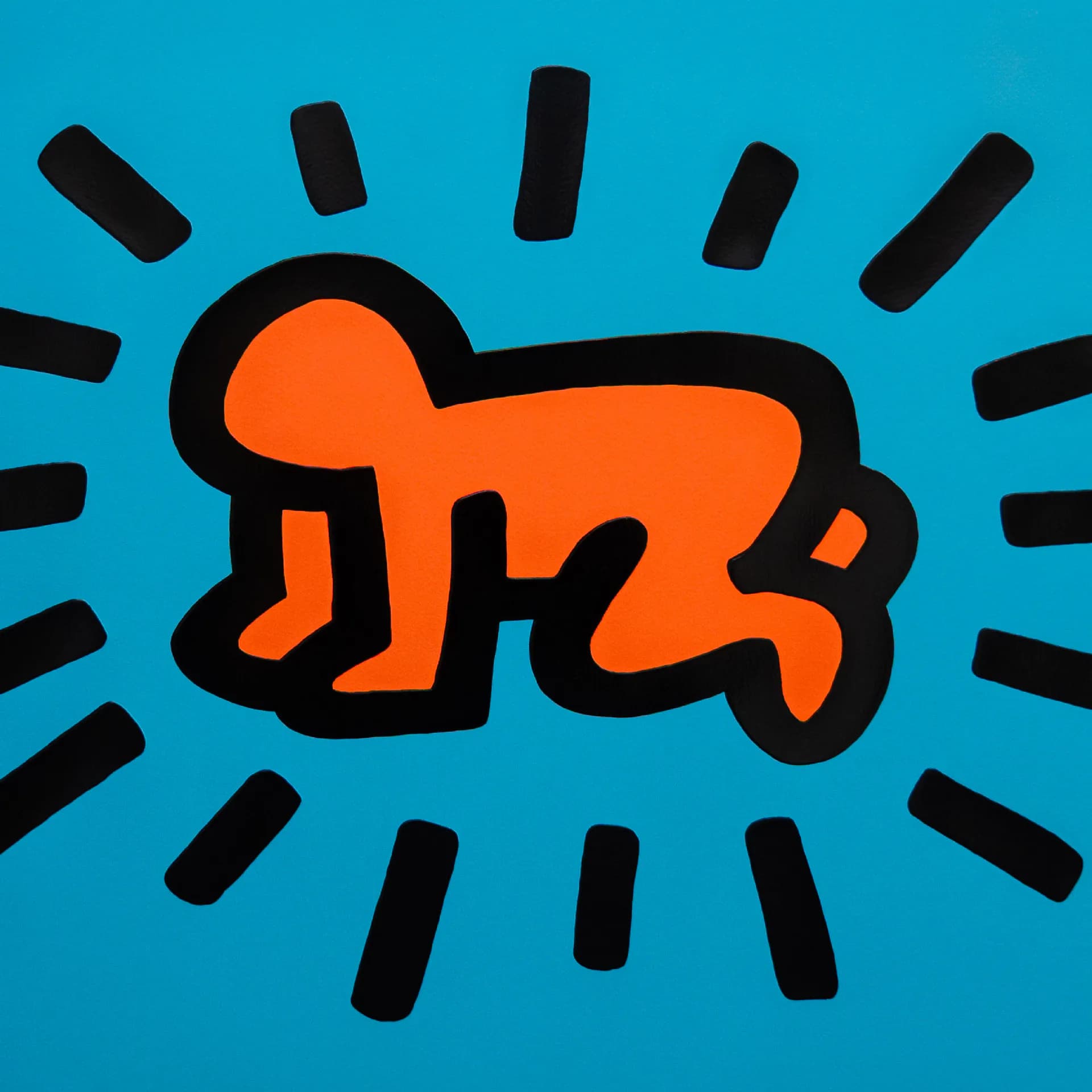 Stylized orange figure in a crawling pose with thick black outline and radiating black marks on bright blue background.