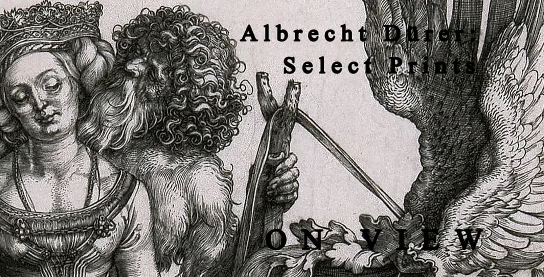 Albrecht Dürer engraving featuring two female heads, a cherub, and an ornate staff or scepter in black and white with decorative text.