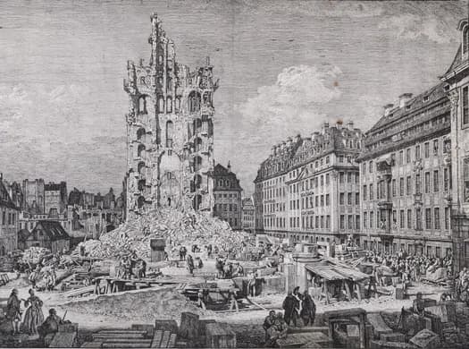 Historical engraving of a grand Gothic tower surrounded by Renaissance buildings and crowded plaza with figures, rendered in black and white.
