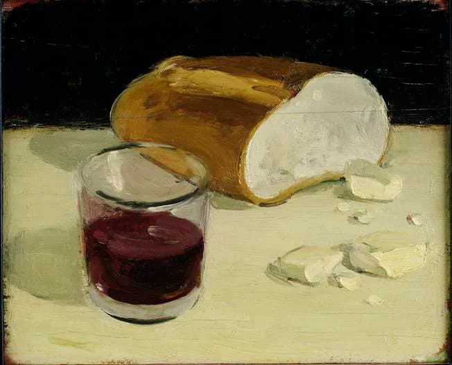 Still life oil painting featuring a sliced loaf of bread, glass of red wine, and white cheese on a pale table against dark background.