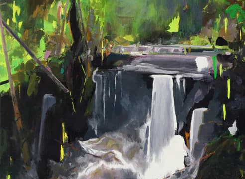 Expressionist painting of a cascading waterfall in deep greens and whites, surrounded by dark foliage with bright yellow accent marks.
