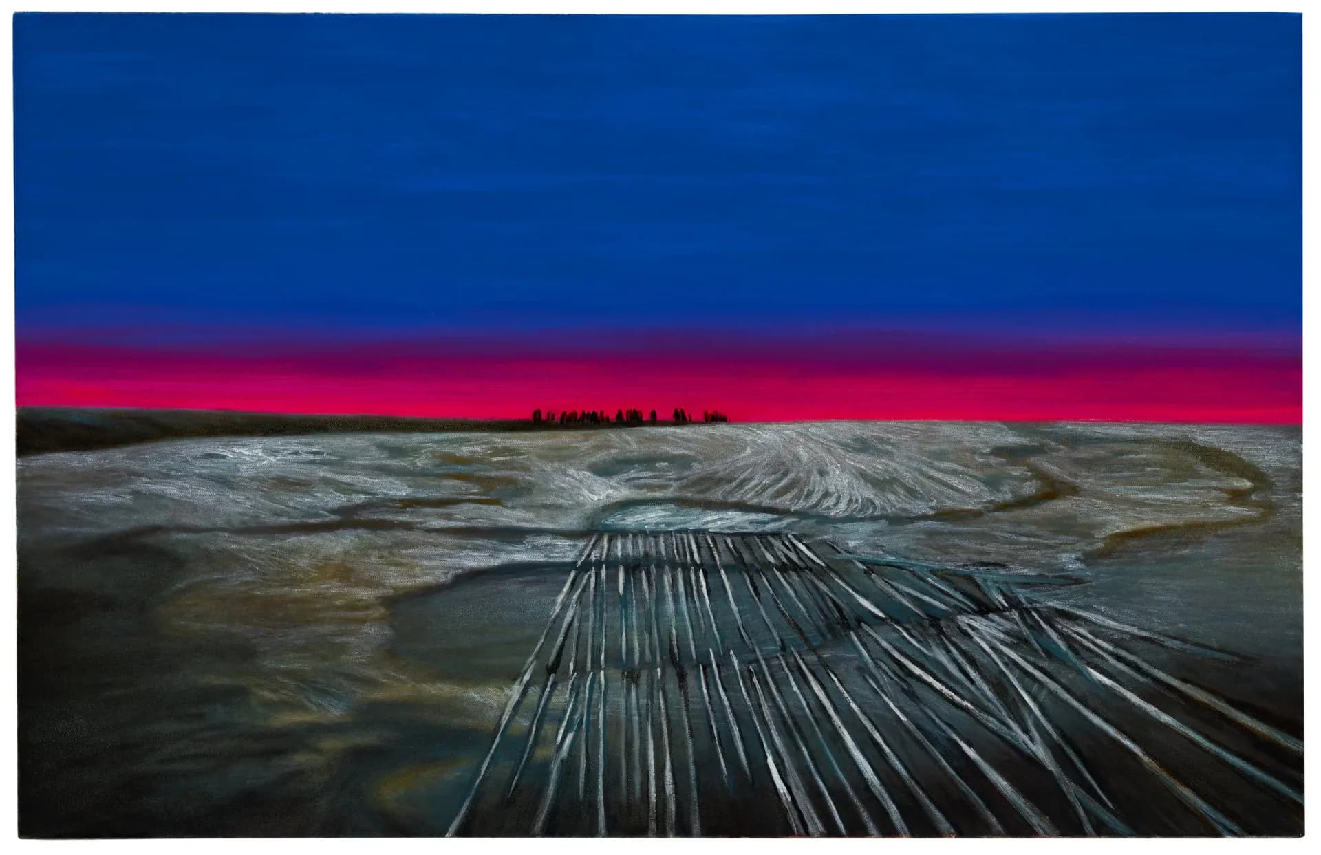 Mixed-media landscape with vivid magenta-pink horizon line separating deep blue sky from textured earth tones with linear black marks suggesting fields or agricultural patterns.