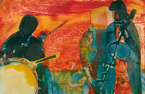 Abstract expressionist painting of musicians with drum and instruments against vibrant orange and red background with blue and green overlays.