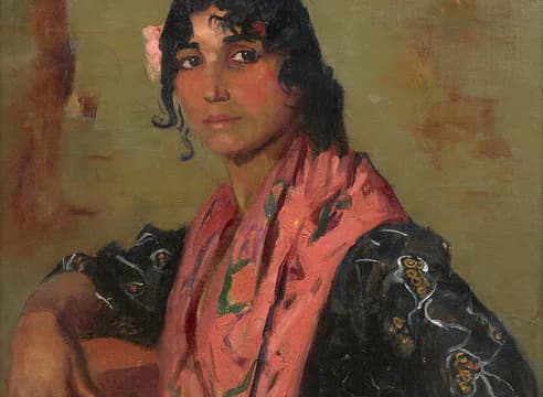 Portrait painting of dark-haired figure in red-pink garment and black jacket against muted olive background, rendered in classical style.