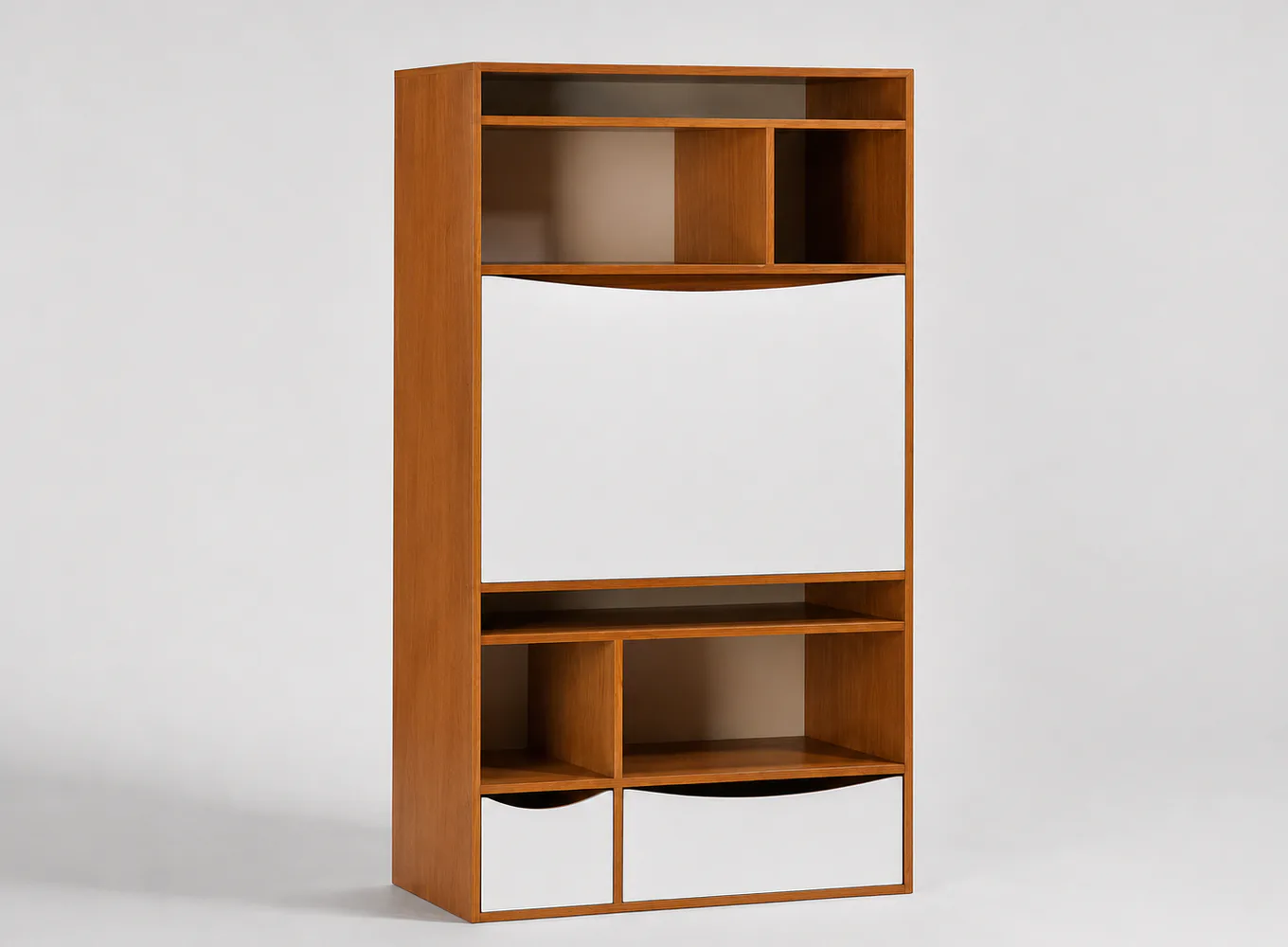 Wooden wall-mounted storage unit with warm cherry finish, curved shelving, white drawer fronts, and asymmetrical compartments.