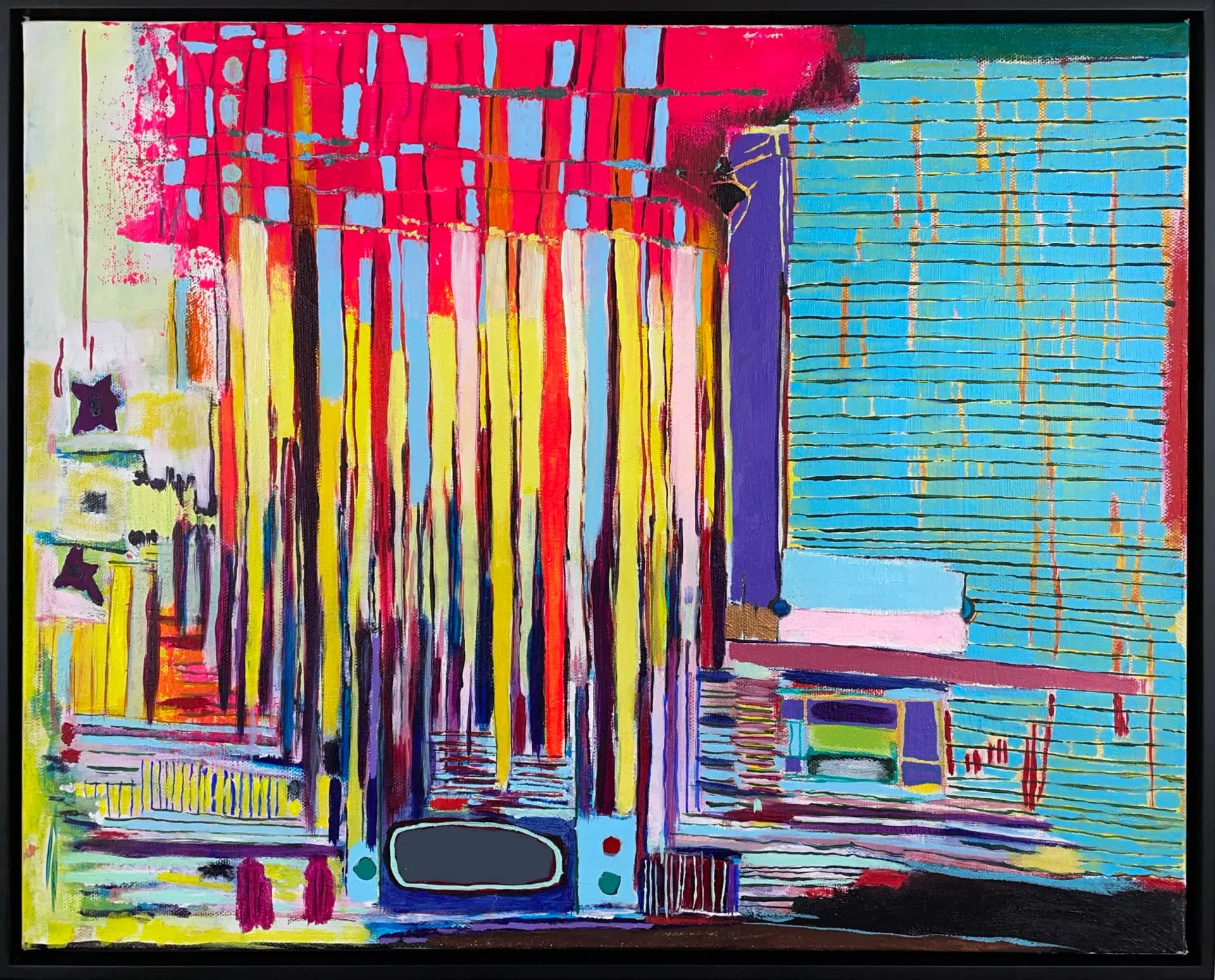 Abstract mixed-media painting with vertical streaks in neon pink, yellow, blue, and purple; digitally-glitched appearance suggesting urban architecture.