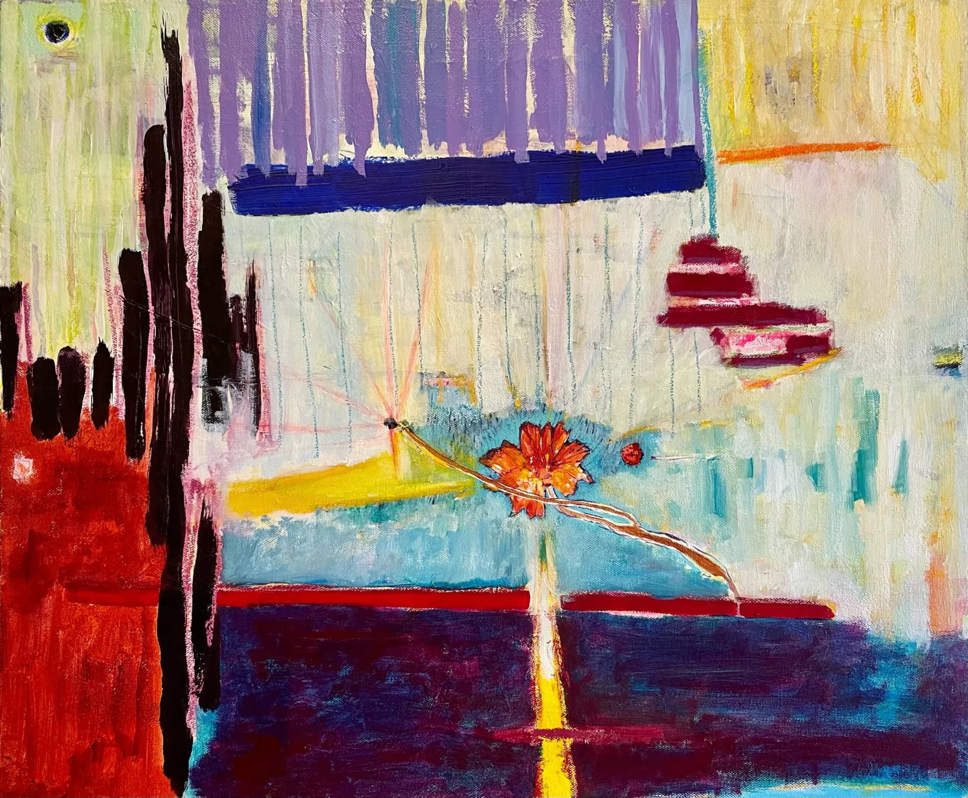 Mixed-media abstract painting combining organic forms with geometric shapes; features red, yellow, blue, and dark purple with dripping and textured marks.