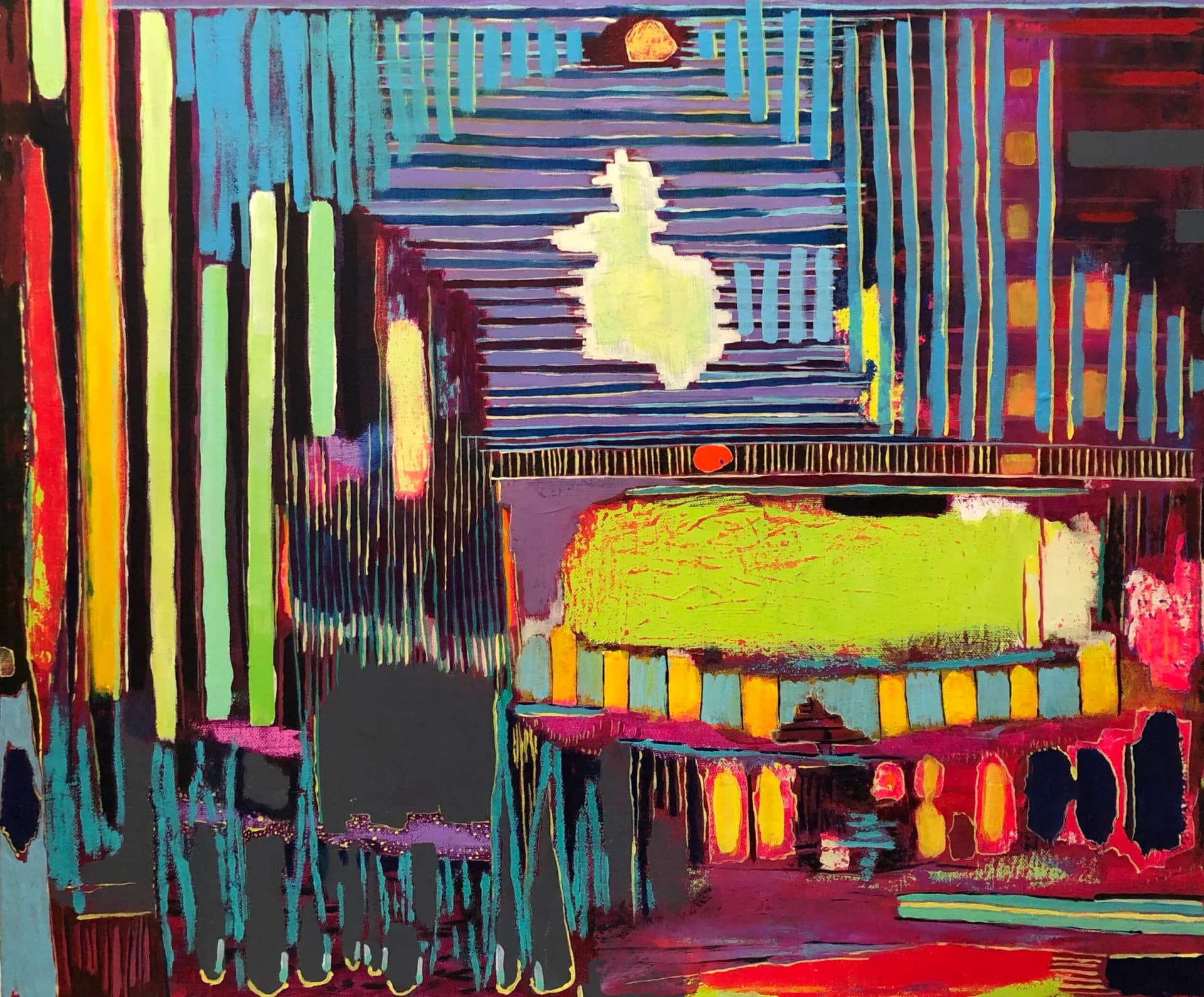 Vibrant mixed-media abstract painting with horizontal striped patterns and bold colors: turquoise, yellow, red, purple, and lime green with dynamic linear marks.