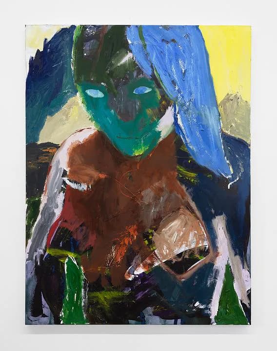 Abstract expressionist portrait with green and turquoise face, blue hair, brown torso, and bold gestural brushstrokes on yellow background.