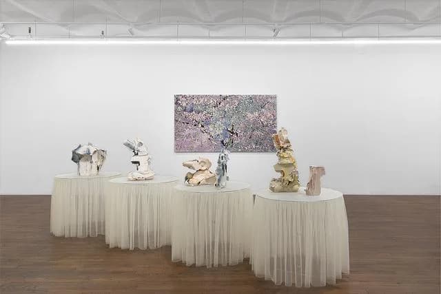Gallery view with draped white-skirted tables holding sculptural objects and a textured pink artwork on white wall above.