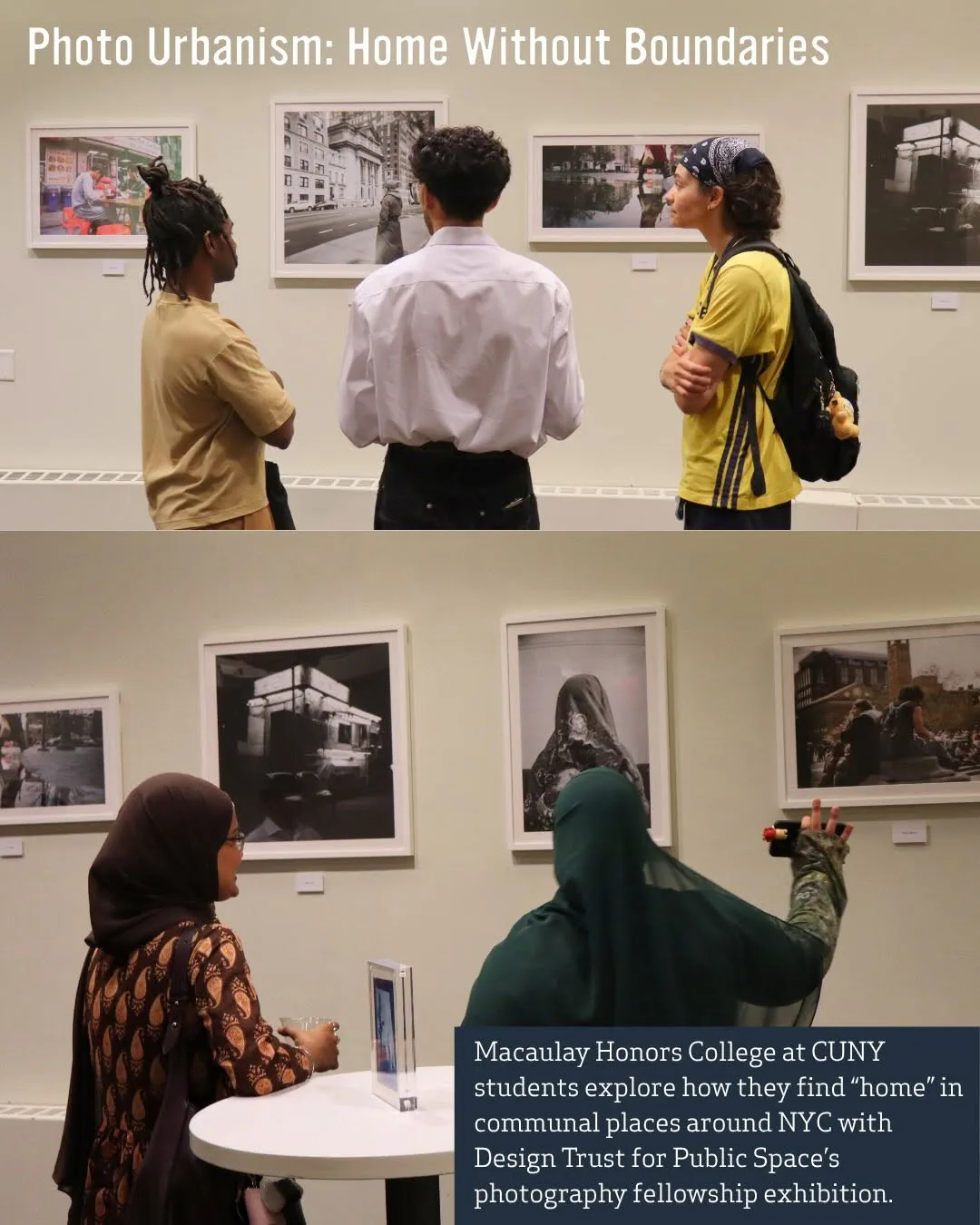 Gallery interior showing visitors viewing framed black-and-white photographs on white walls; caption reads 'Photo Urbanism: Home Without Boundaries' and mentions Macaulay Honors College at CUNY.