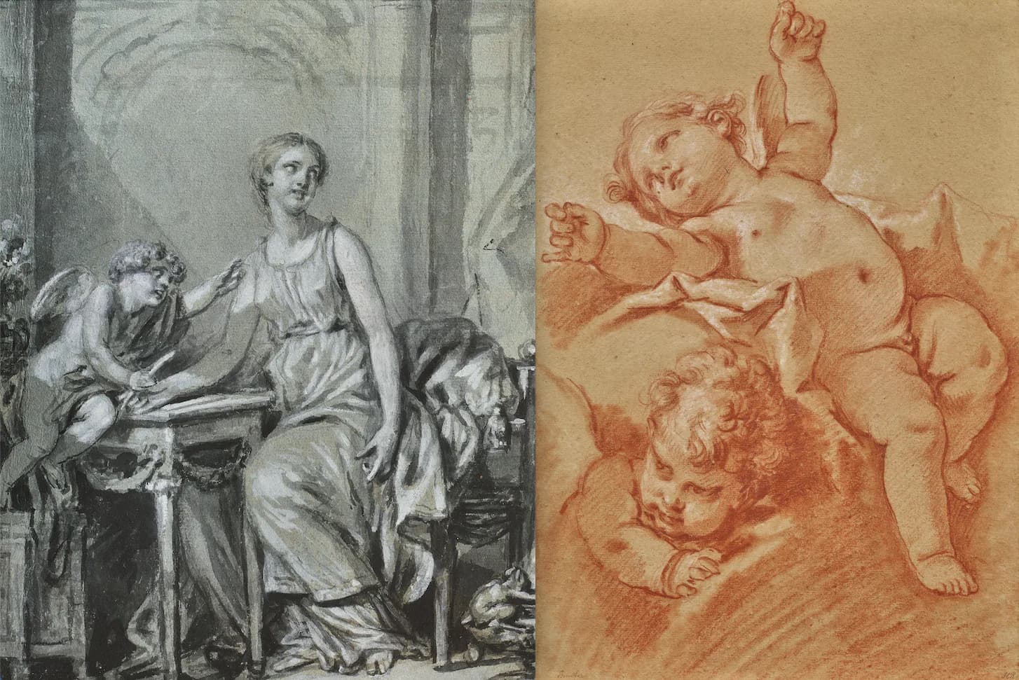 Two classical drawings: left side shows a robed female figure in an interior architectural setting rendered in gray tones; right side depicts cherubs or putti in red chalk sketch style.