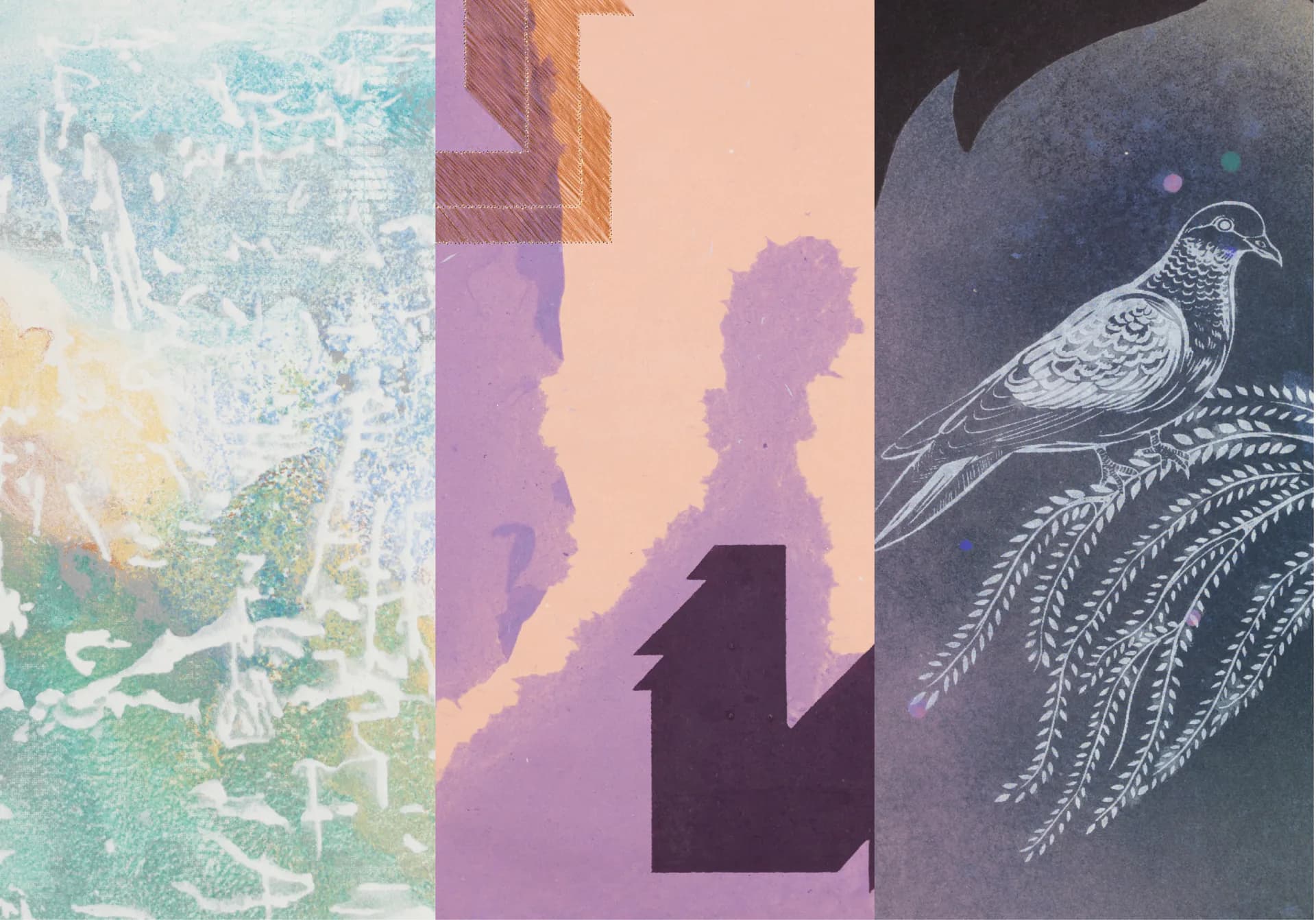 Three-panel mixed-media composition: left panel with turquoise and yellow watercolor washes; center with purple silhouettes and dark geometric shapes; right with engraved bird illustration on dark background.