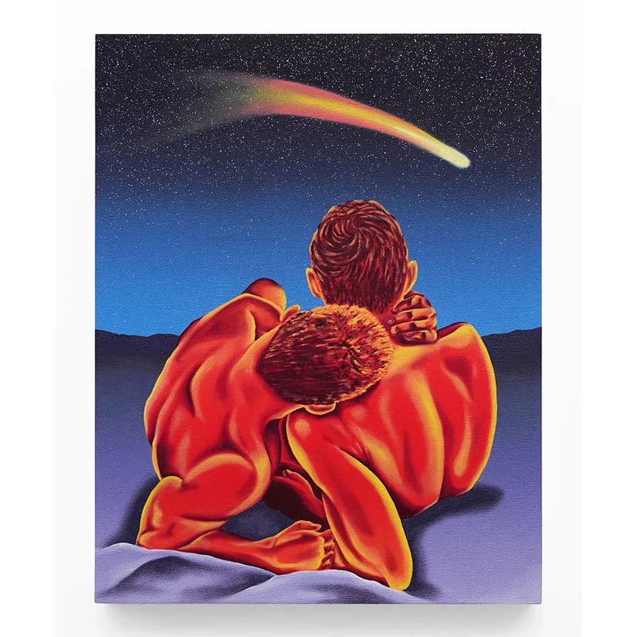 Oil painting of a red-robed figure with braided hair gazing upward at a comet streaking across a dark starry sky above purple-blue hills.